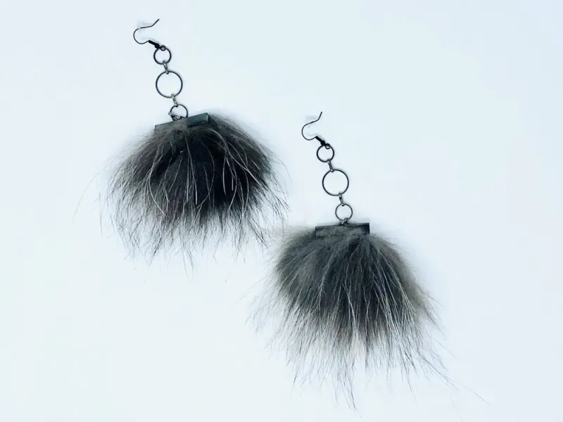 Silver Fox Fur Pom Earrings
