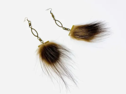 Auntie Brass Wolverine Fur Dangle Earrings