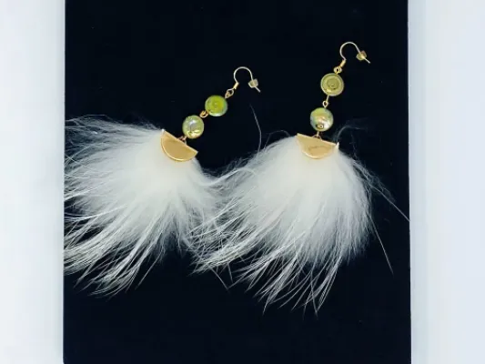 Arctic Fox and Green Coin Pearl Earrings