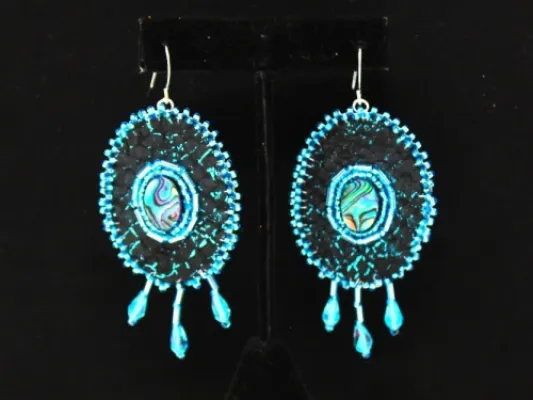 Beaded Blue Salmon Leather Abalone Earrings