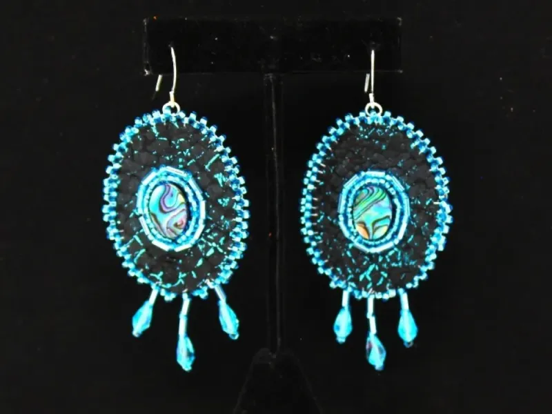 Beaded Blue Salmon Leather Abalone Earrings