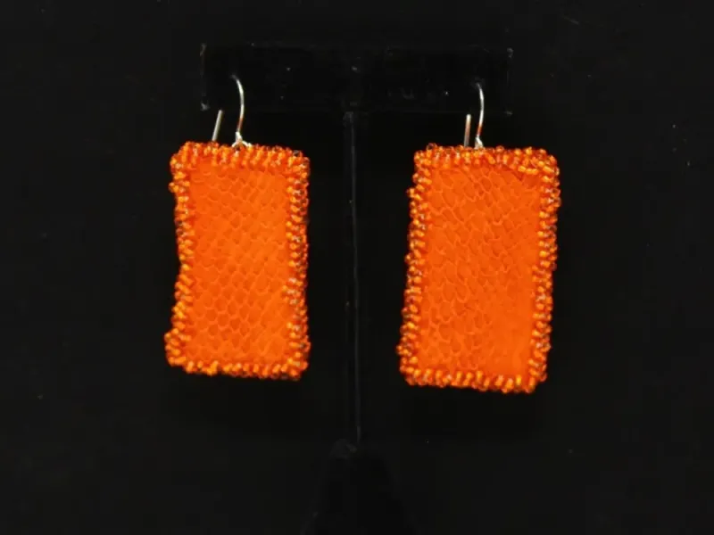 Beaded Salmon Leather Rectangular Earrings