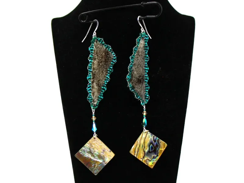 Beaded Seal Skin and Abalone Dangle Earrings