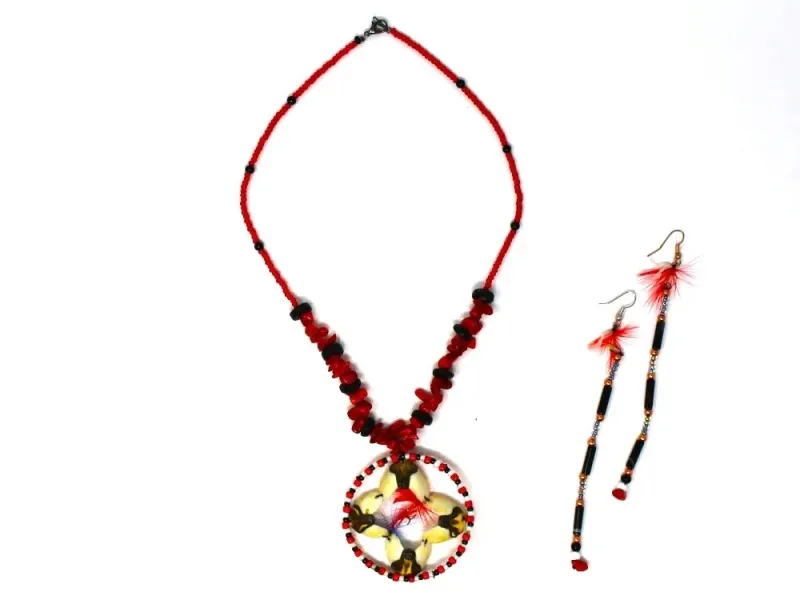 Red Beaded Necklace And Earring Set With Shells