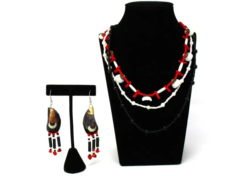 Tlingit Red, White and Black Beaded Necklace And Earring Set With Shells