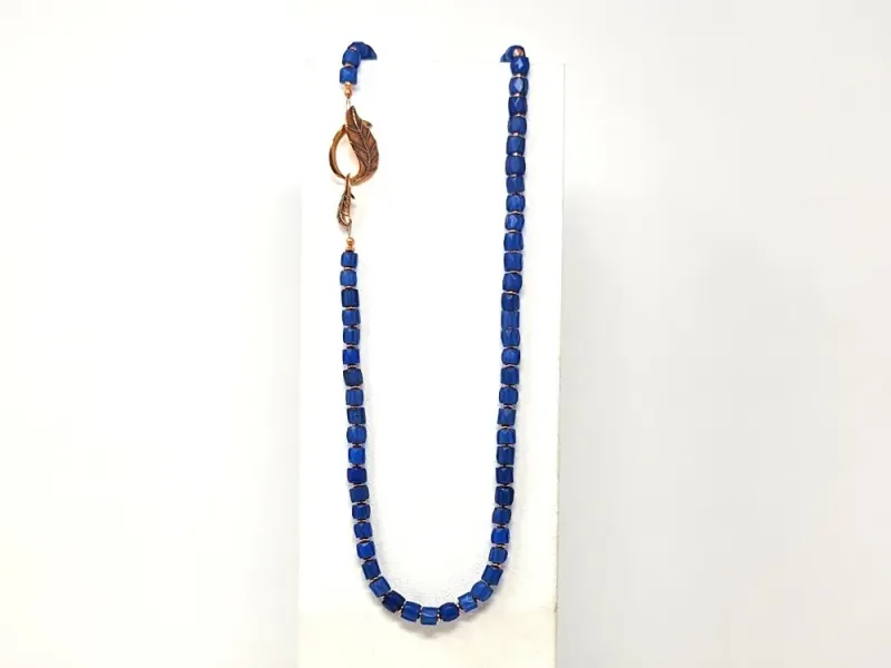 Blue Trade Bead Necklace With Leaf Clasp