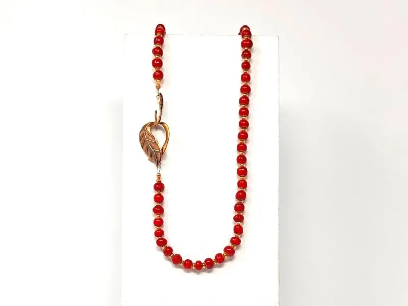 Red Trade Bead Necklace With Leaf Clasp