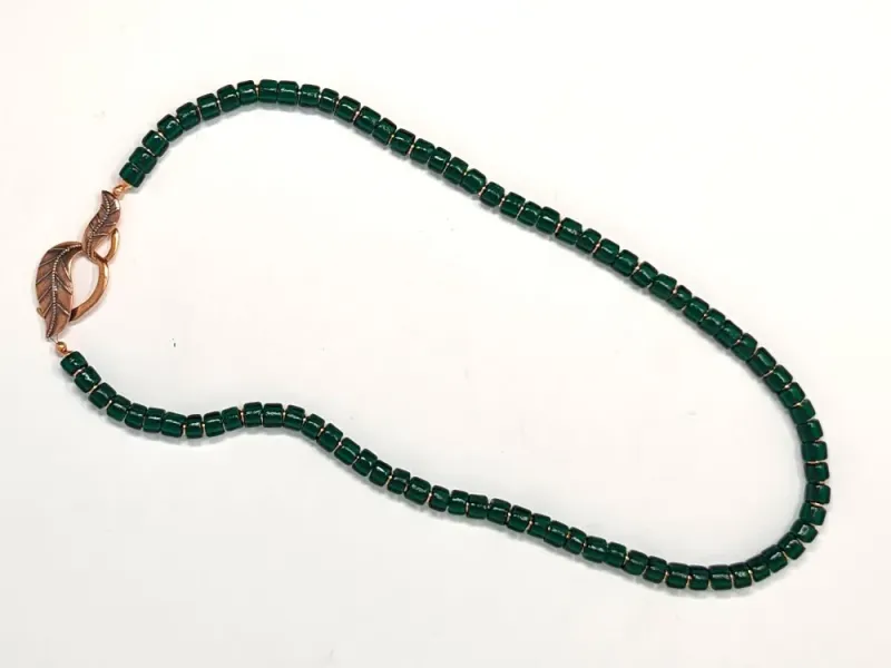 Green Trade Bead Necklace With Leaf Clasp