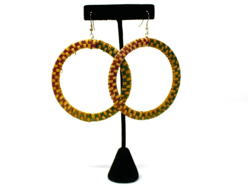 Green/Red Woven Cedar Bark Hoop Earrings