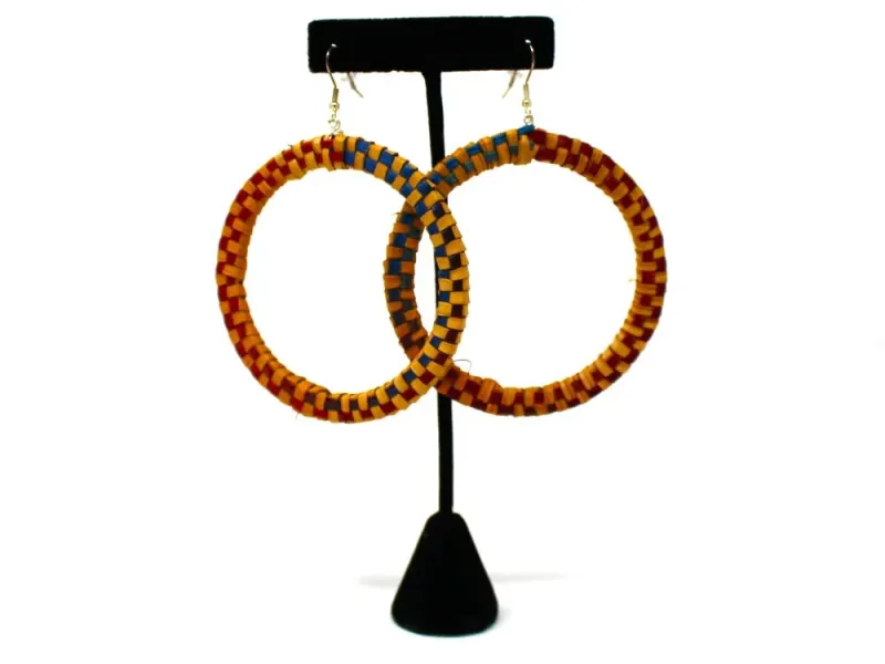 Red/Blue Woven Cedar Bark Hoop Earrings