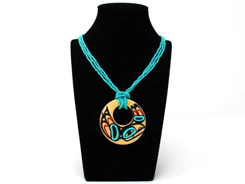 Painted Raven Hoop Pendant Beaded Necklace