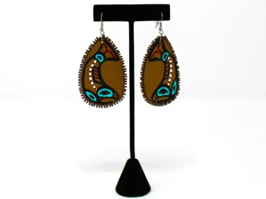 Painted Salmon On Leather Beaded Earrings