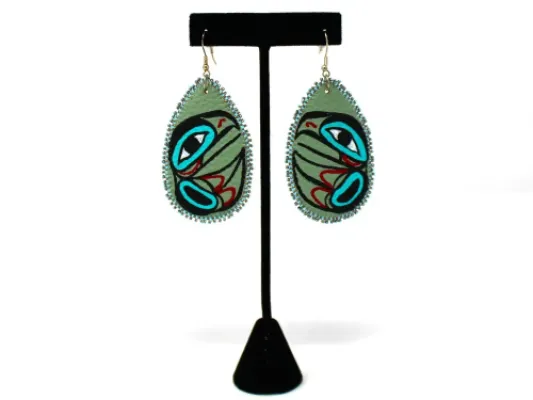 Painted Eagle On Leather Beaded Earrings