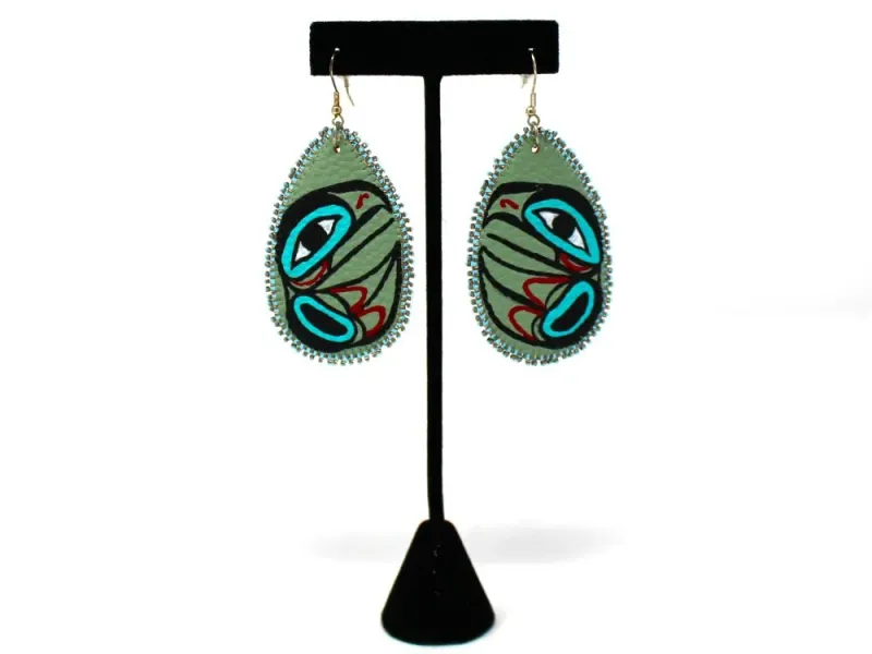 Painted Eagle On Leather Beaded Earrings