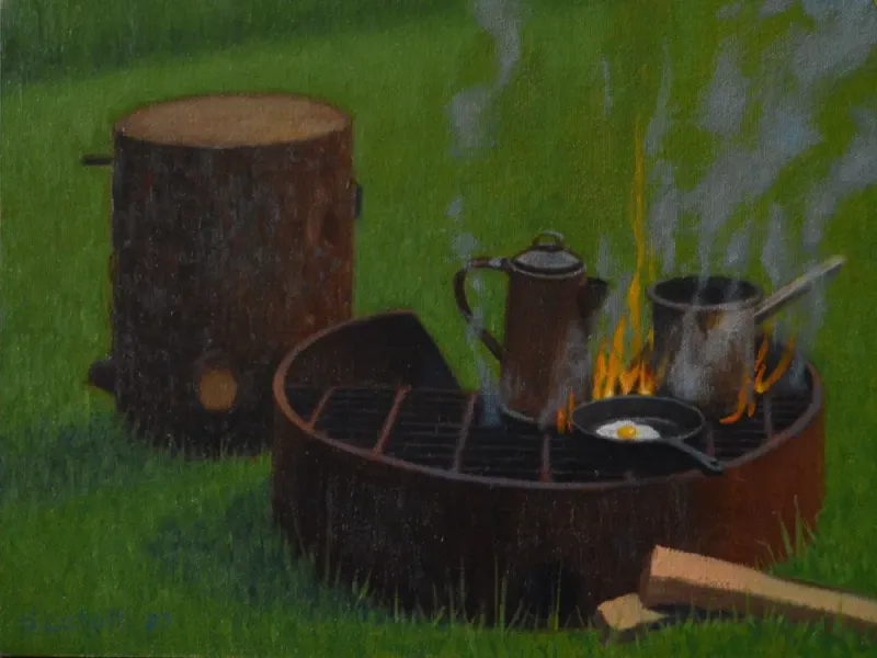 Campfire Cooking, 9"x12" original oil on canvas
