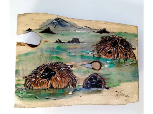Handmade Sea Otters Painting On Driftwood Slab