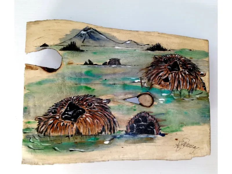 Handmade Sea Otters Painting On Driftwood Slab
