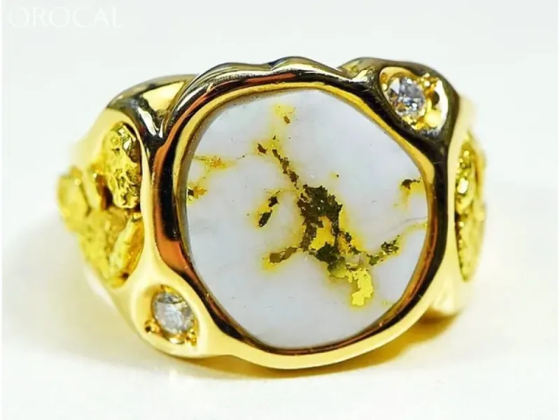 Orocal Large Natural Gold Quartz Men's Ring With Side Nuggets and Diamonds-RM518D20Q