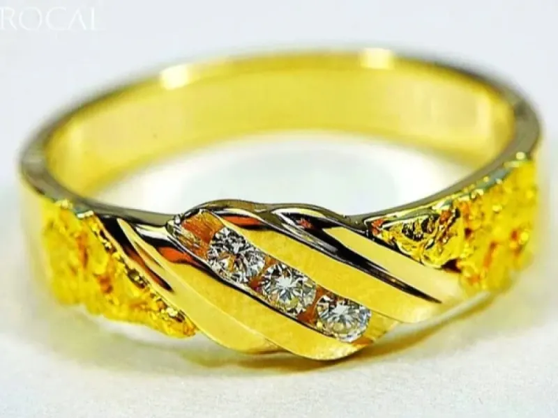 Orocal Gold Nugget Hand Crafted Men's Ring With Diagonal Diamonds -RMAJ036D