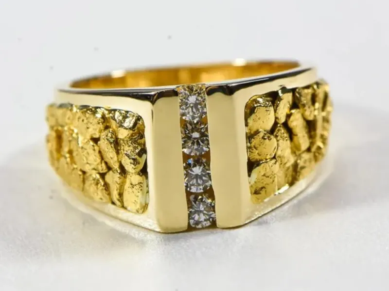 Orocal Gold Nugget Hand Crafted Men's Ring With Center Diamonds -RM376D40