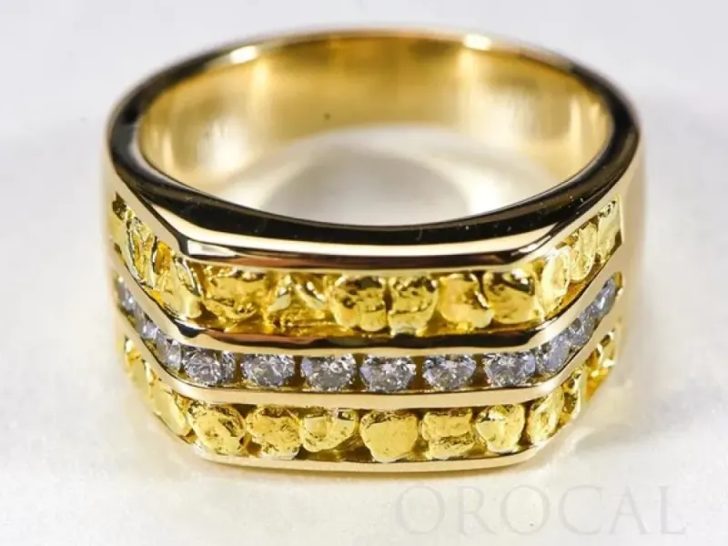 Orocal Gold Nugget Hand Crafted Men's Ring With Middle Diamonds -RM1105DN