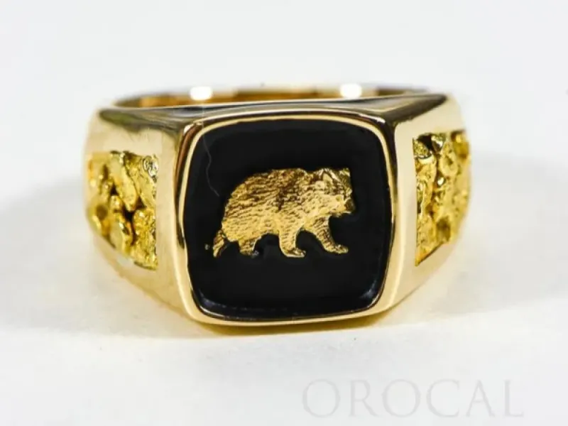 Orocal Gold Nugget Hand Crafted Men's Ring With Center Gold Bear -RMAJ083