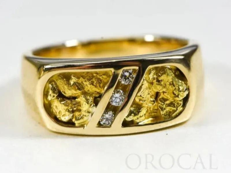 Orocal Gold Nugget Hand Crafted Men's Ring With Middle Diagonal Diamonds -RM816D10.5