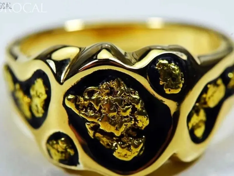 Orocal Natural Gold Nugget Hand Crafted Men's Ring With Black Contrast -RM654