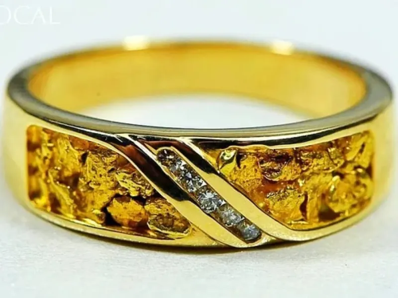 Orocal Gold Nugget Hand Crafted Men's Ring With Diagonal Diamonds -RM610D10
