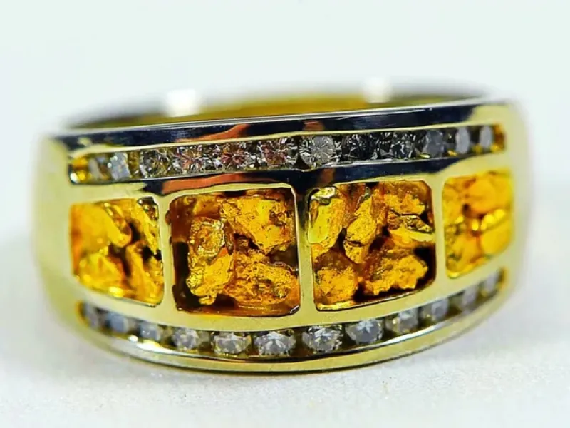 Orocal 4 Panel Gold Nugget Ladies Ring With Diamonds- RL1075DNW