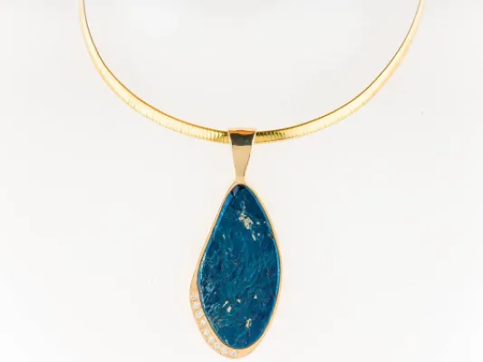 Star Of Alaska Long Natural Covellite Pendant With Diamond Inlays