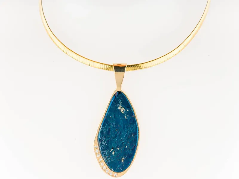 Star Of Alaska Long Natural Covellite Pendant With Diamond Inlays