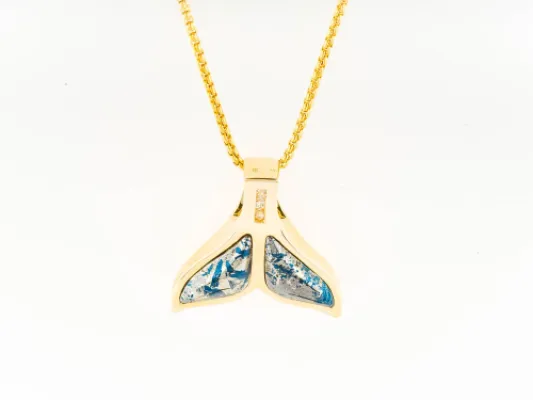 Star Of Alaska Small Whale Tail Covellite Pendant With Thick Frame And Three White Diamonds