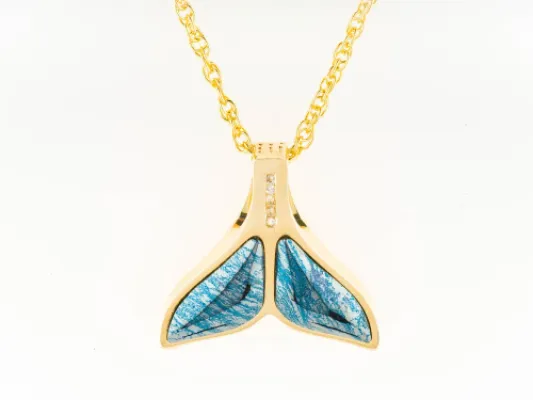 Star Of Alaska Large Whale Tail Covellite Pendant With Thick Frame And Three White Diamonds
