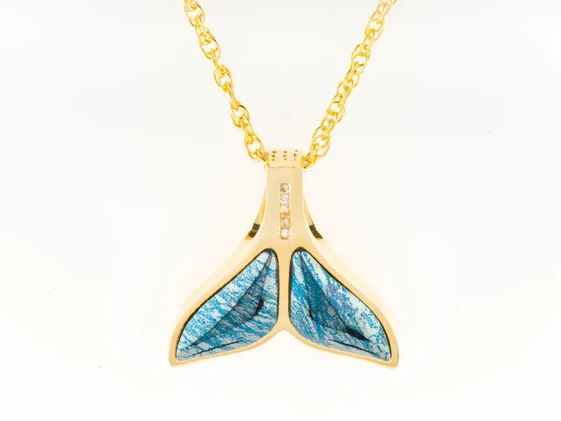 Star Of Alaska Large Whale Tail Covellite Pendant With Thick Frame And Three White Diamonds