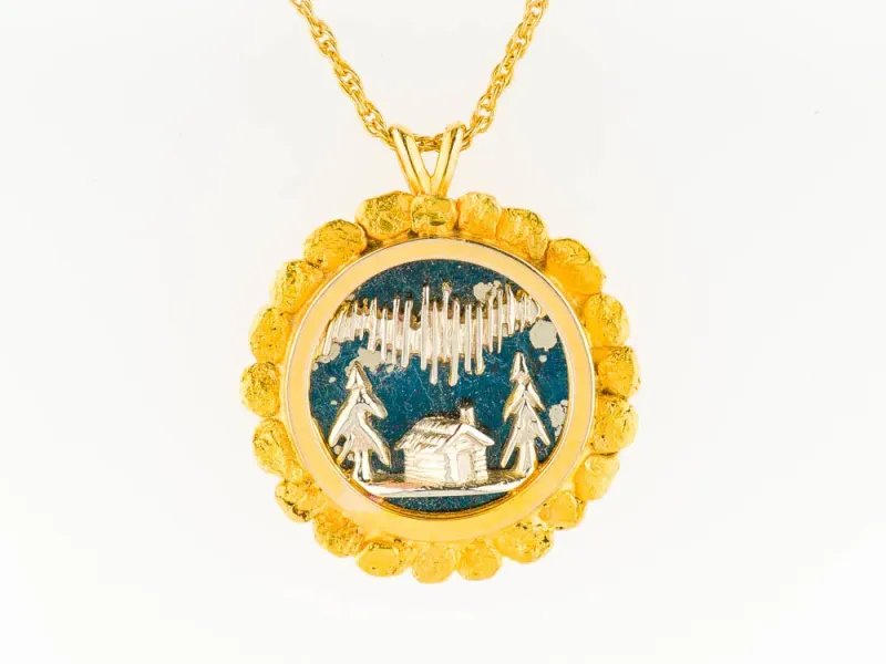 Star Of Alaska Large Covellite Gold Scenery Inlay With Decorative Round Frame - Large (22mm)