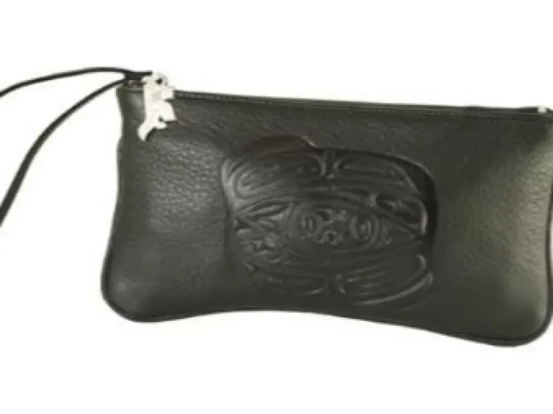 Raven Embossed Wristlet (Black Leather)