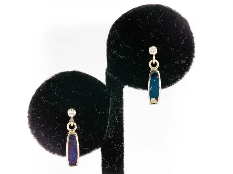 Star Of Alaska Elongated Covellite Earrings With White Diamonds