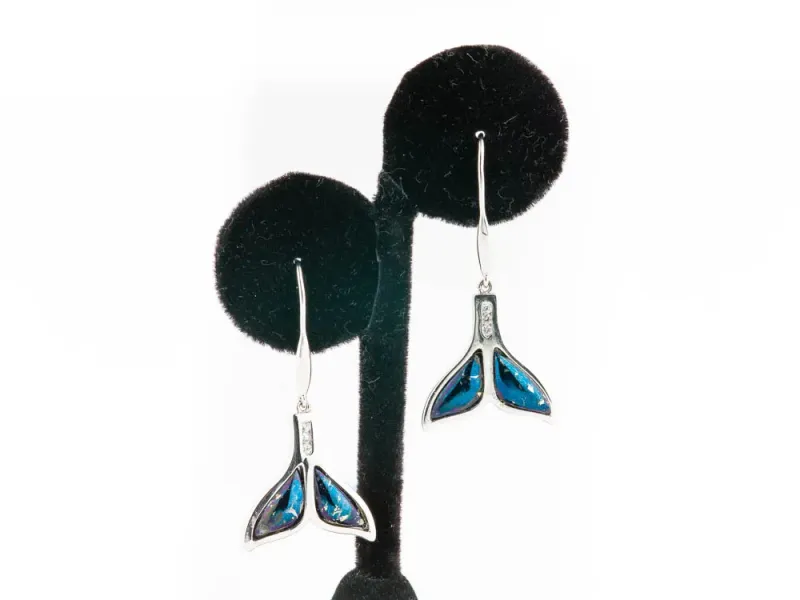 Star Of Alaska Whale Tail POST Covellite Earrings With Three White Diamonds