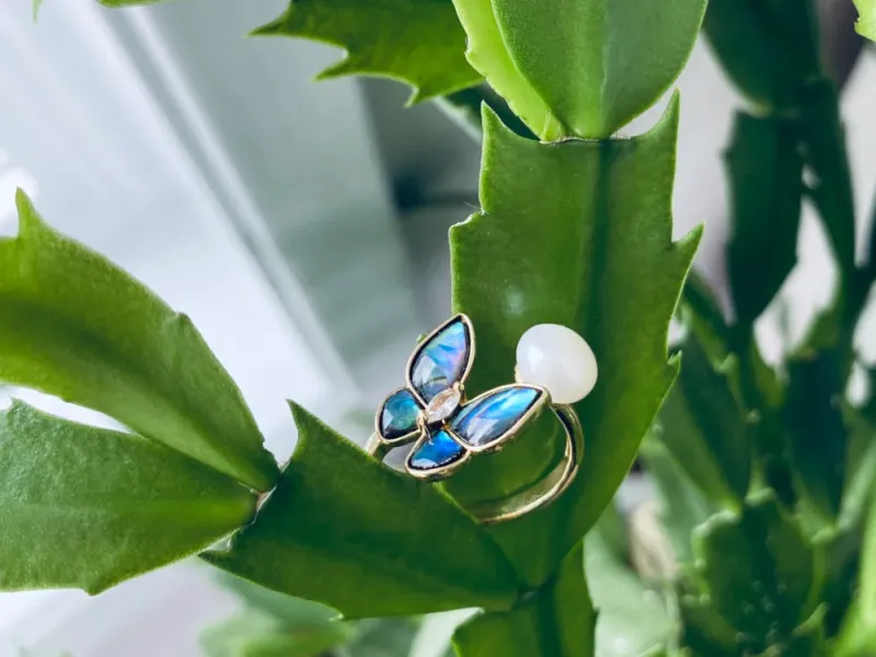 Blue Butterfly Ring With A Freshwater Pearl 