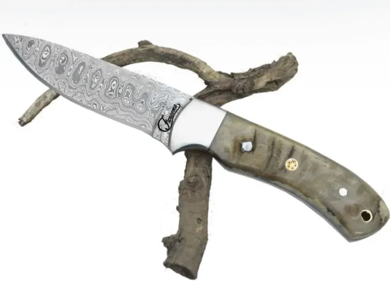 Ram’s Horn Damascus Blade Knife With Sheath