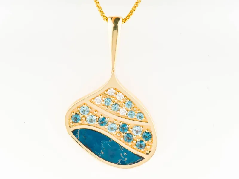 Star Of Alaska Covellite Large Wave Pendant With Diamonds & London Blue & Swiss Blue Topaz