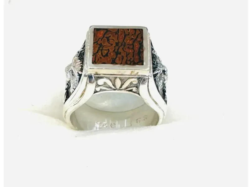 Sterling Silver Men's Dinosaur Bone Ring With Wolf