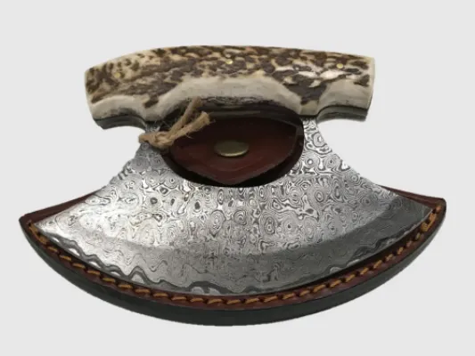 Damascus Steel Caribou Antler Ulu