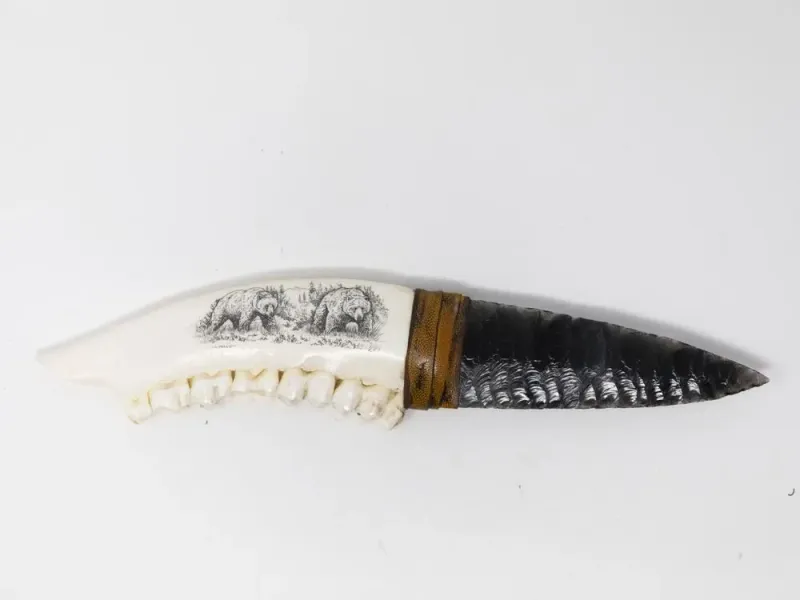 Elk Brass Scrimshaw Bears & Obsidian Blade