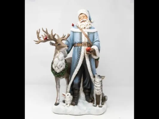 Santa 18.5” Resin blue coat w/deer, wolf, rabbit