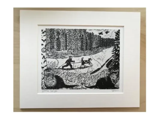 "Gotta Skijor" Original Woodblock Reduction print by Yumi Kawaguchi