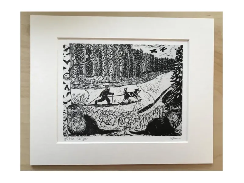 "Gotta Skijor" Original Woodblock Reduction print by Yumi Kawaguchi
