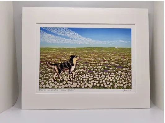 "Pierce in Arctic Flower Garden" Original Woodblock Reduction print by Yumi Kawaguchi