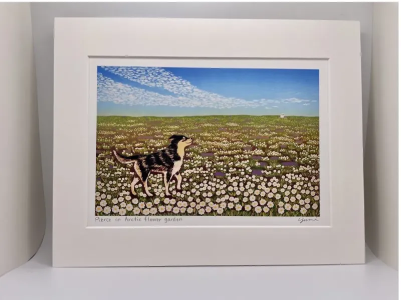 "Pierce in Arctic Flower Garden" Original Woodblock Reduction print by Yumi Kawaguchi